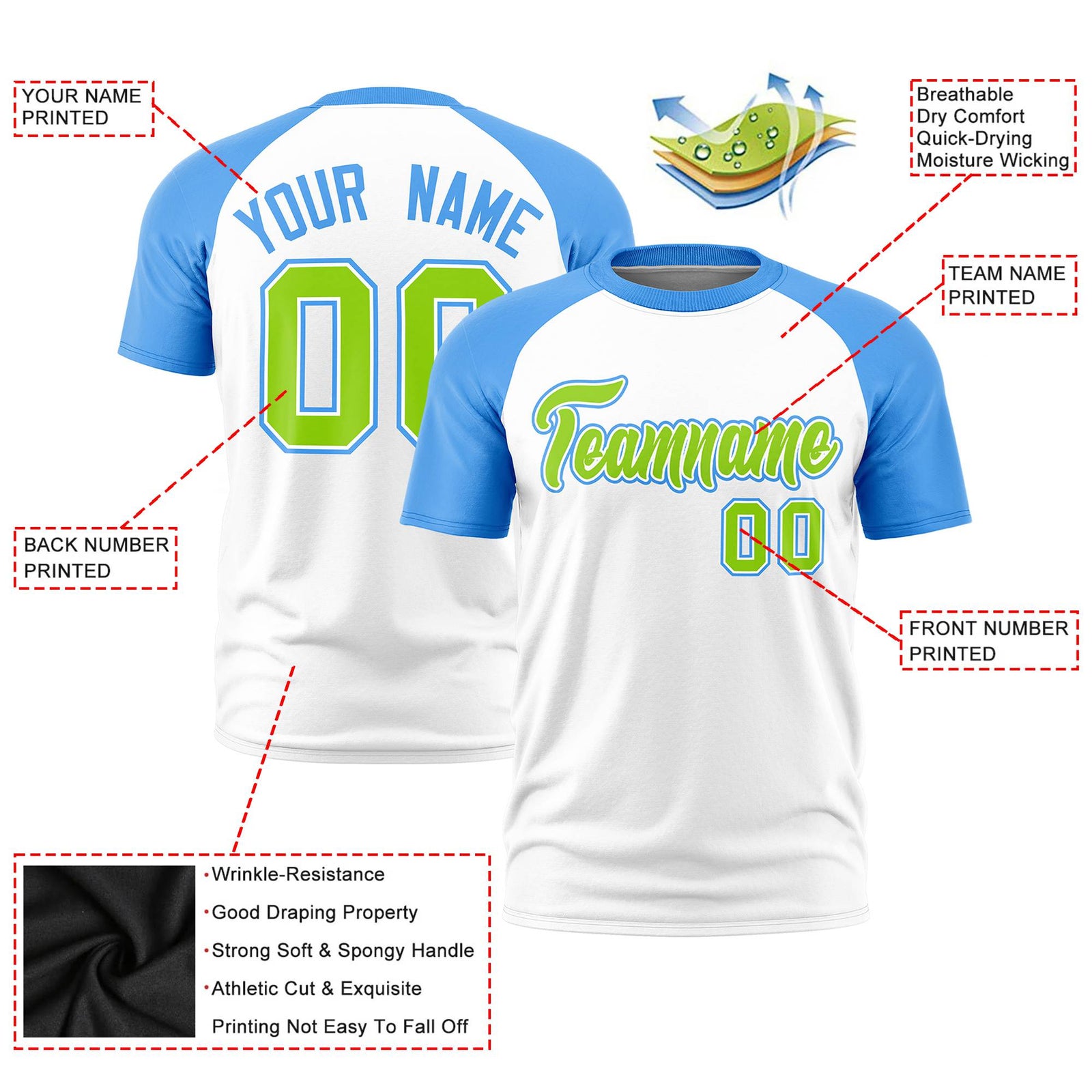 Custom White Powder Blue Raglan Sleeves Performance T-Shirt