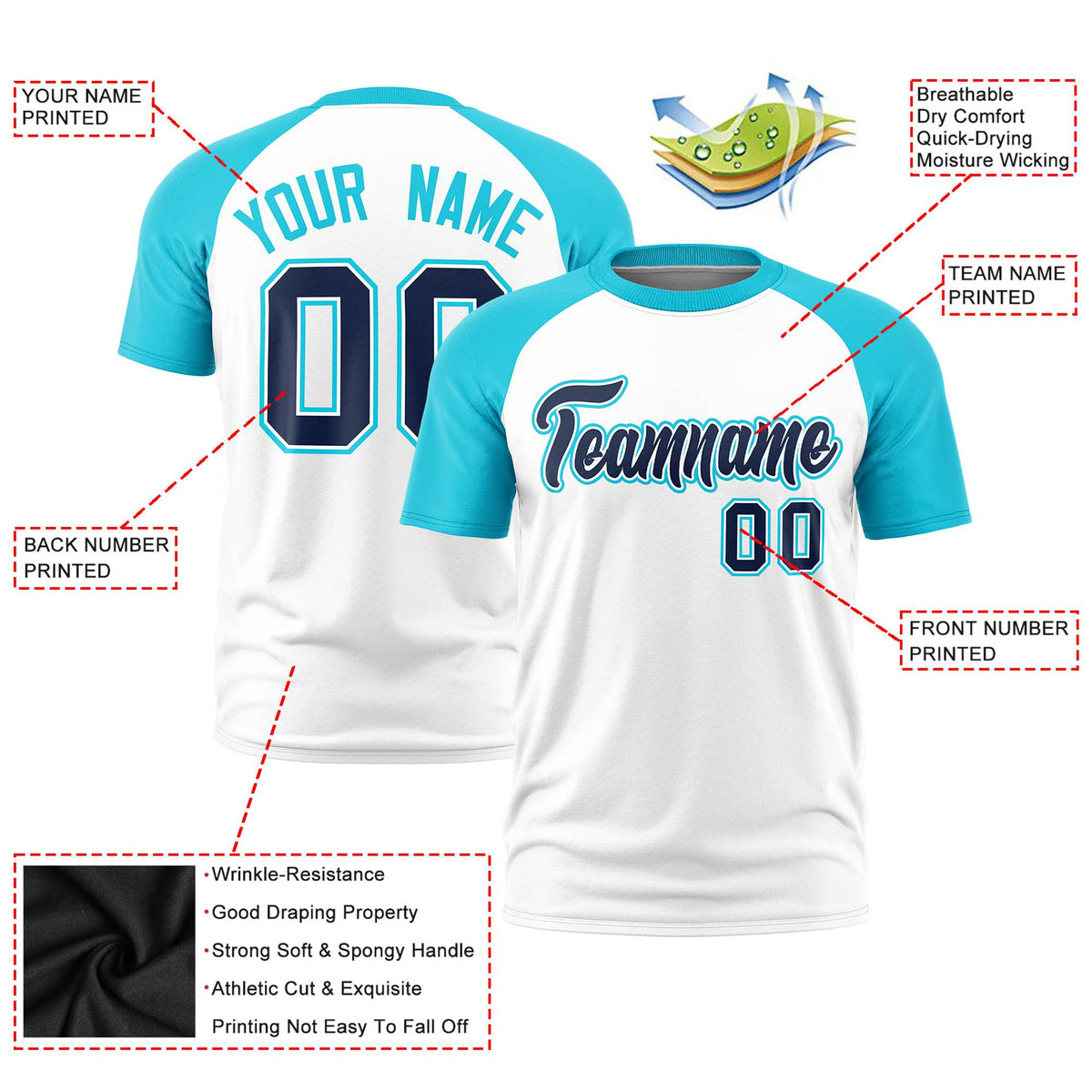 Custom White Sky Blue Raglan Sleeves Performance T-Shirt
