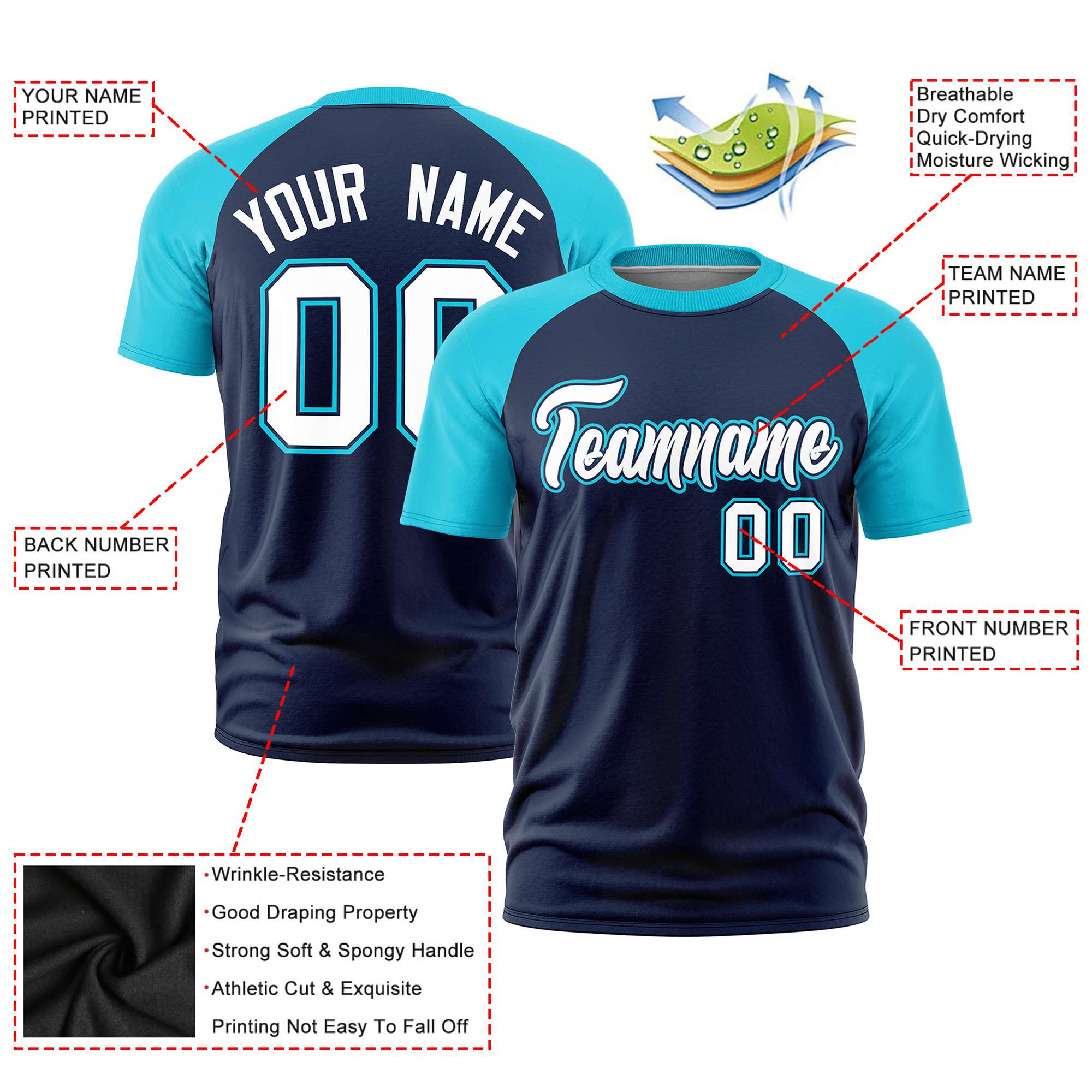 Custom Navy Sky Blue Raglan Sleeves Performance T-Shirt