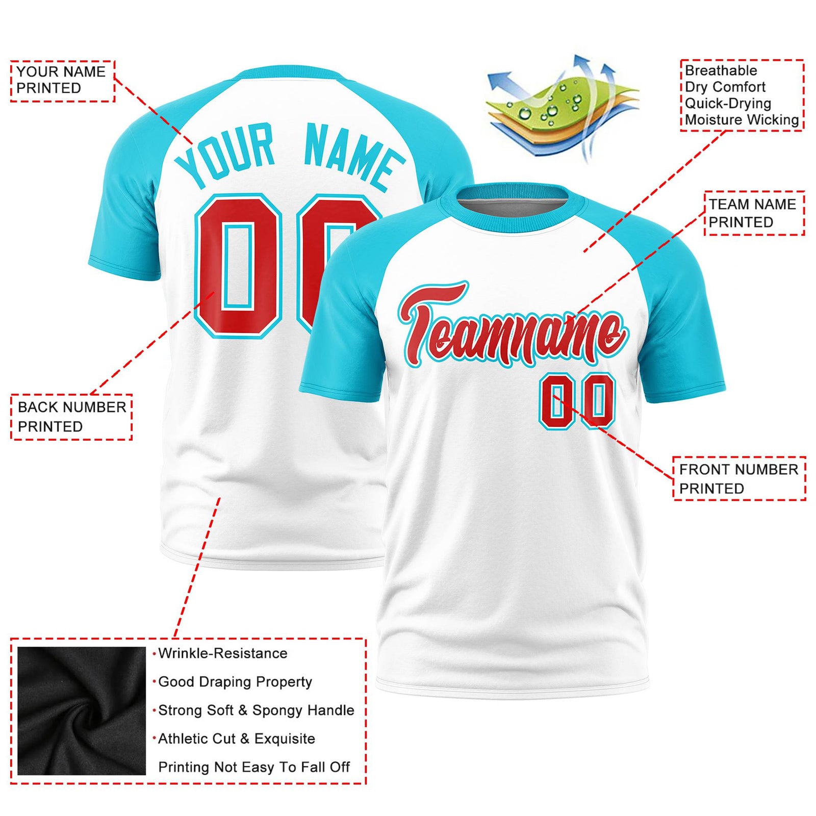 Custom White Sky Blue Raglan Sleeves Performance T-Shirt
