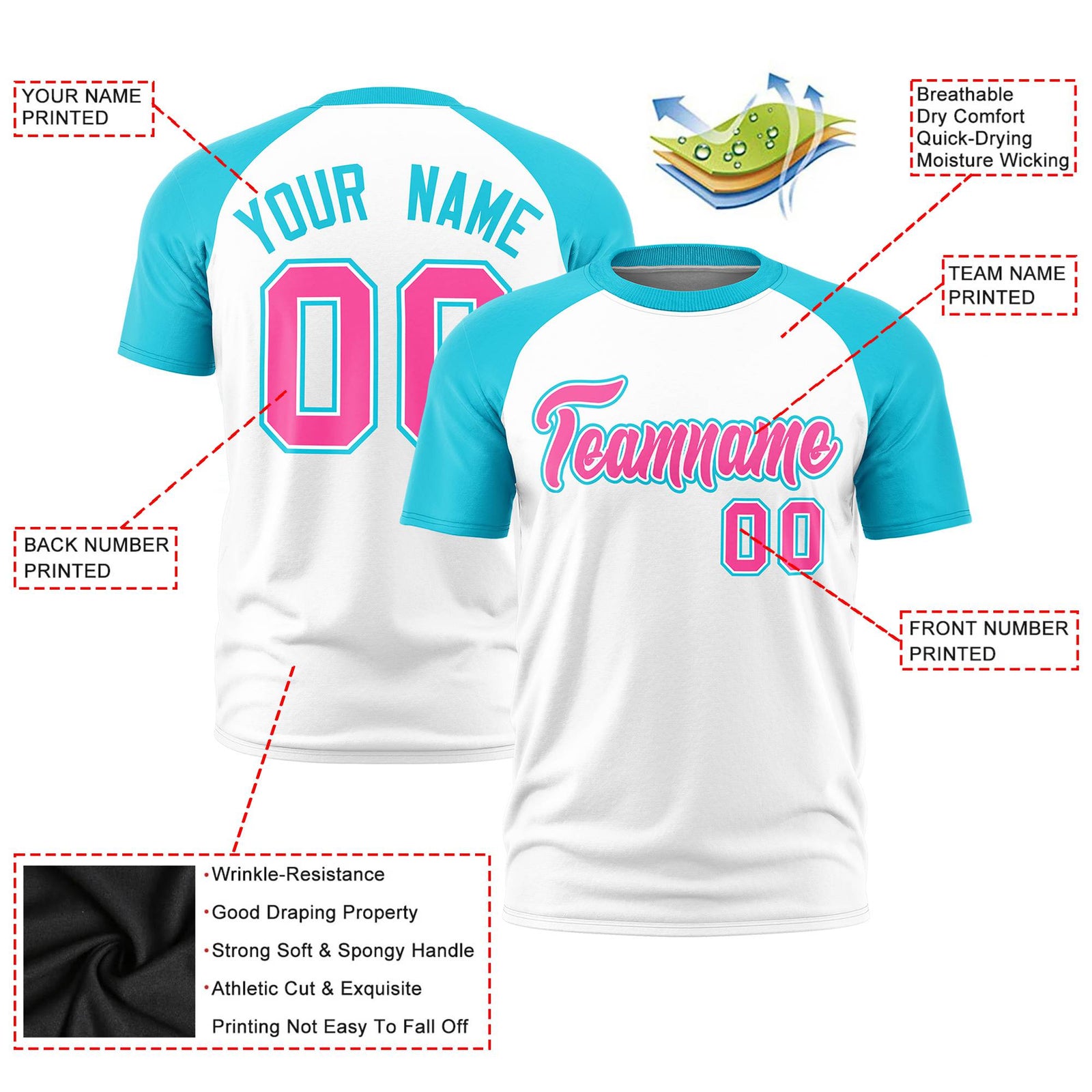 Custom White Sky Blue Raglan Sleeves Performance T-Shirt
