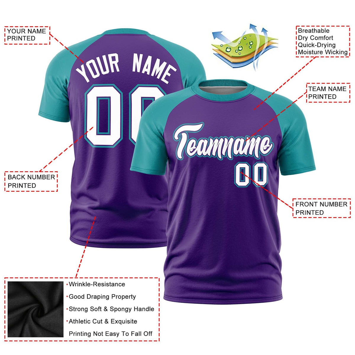 Custom Purple Aqua Raglan Sleeves Performance T-Shirt