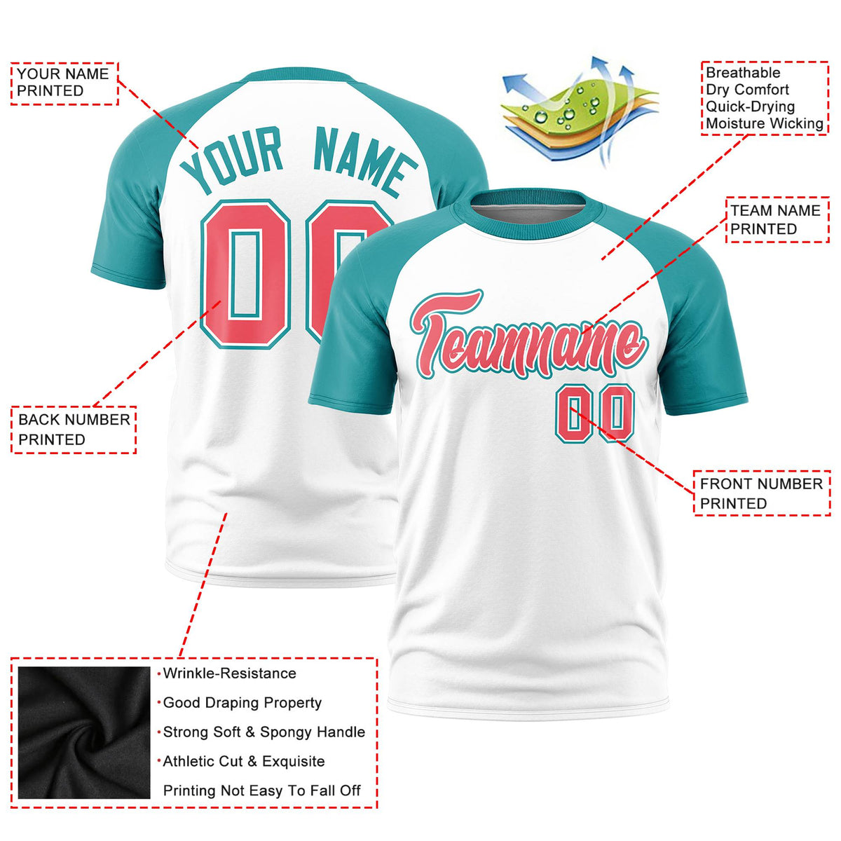 Custom White Aqua Raglan Sleeves Performance T-Shirt