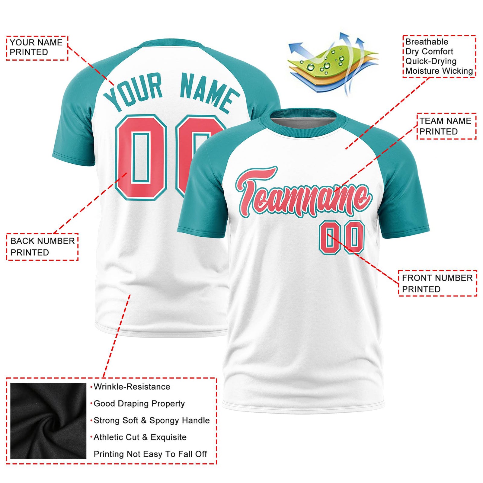 Custom White Aqua Raglan Sleeves Performance T-Shirt