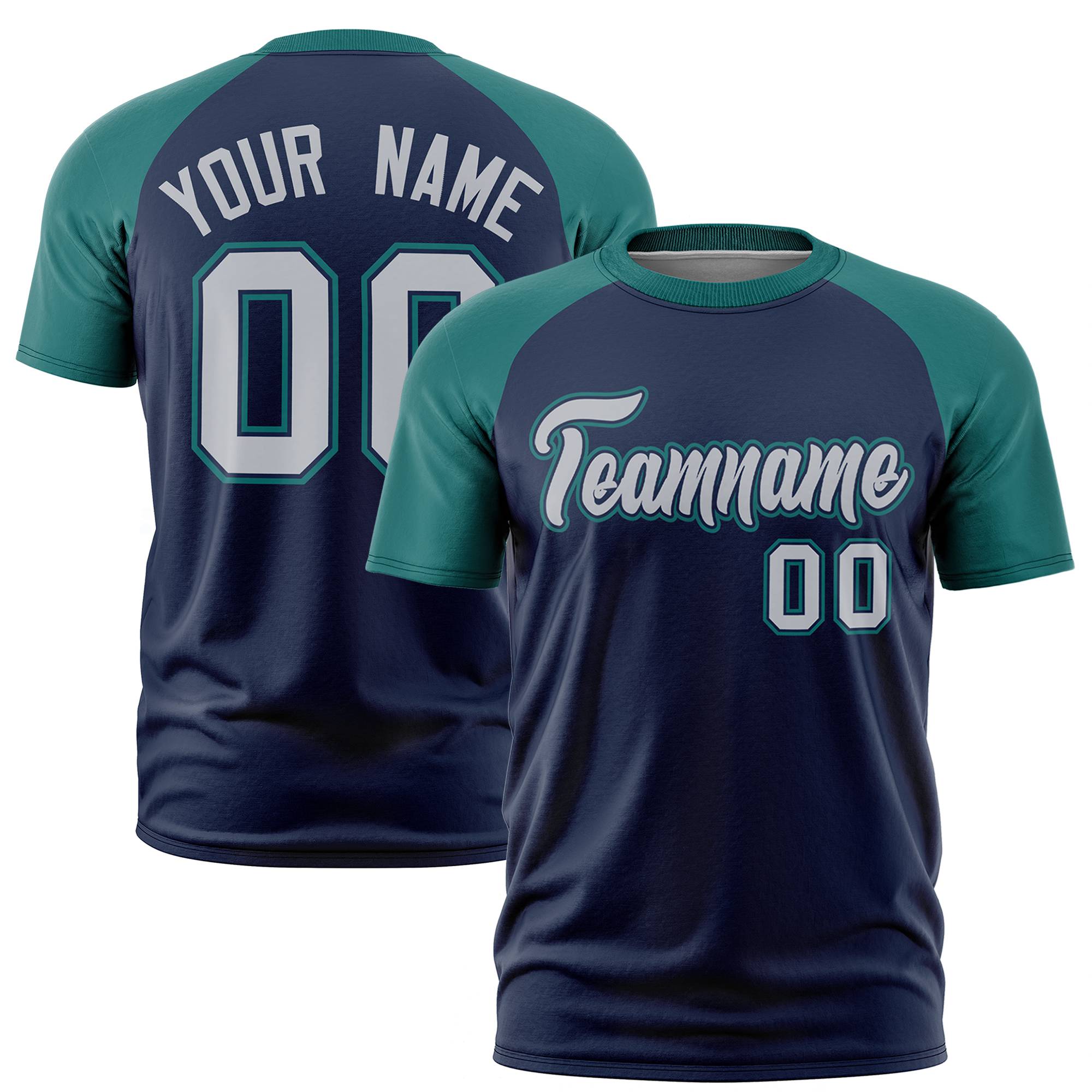 Custom Navy Aqua Raglan Sleeves Performance T-Shirt