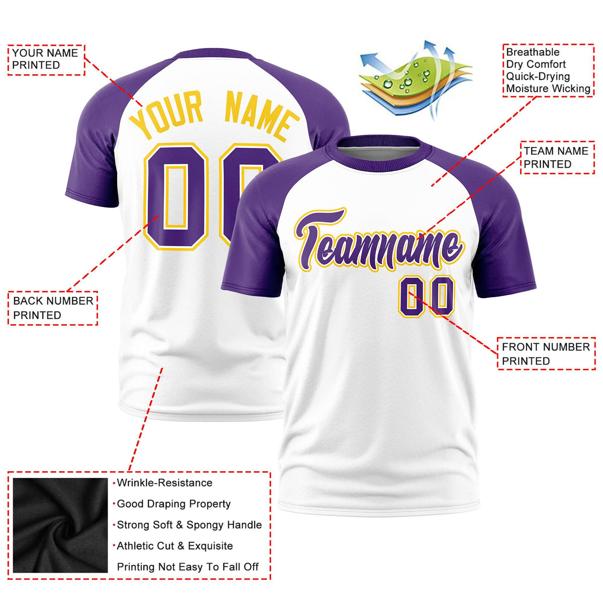 Custom White Purple Raglan Sleeves Performance T-Shirt