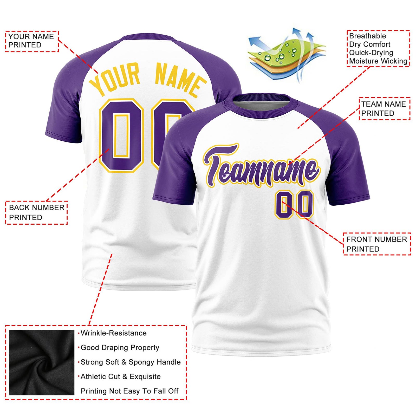 Custom White Purple Raglan Sleeves Performance T-Shirt