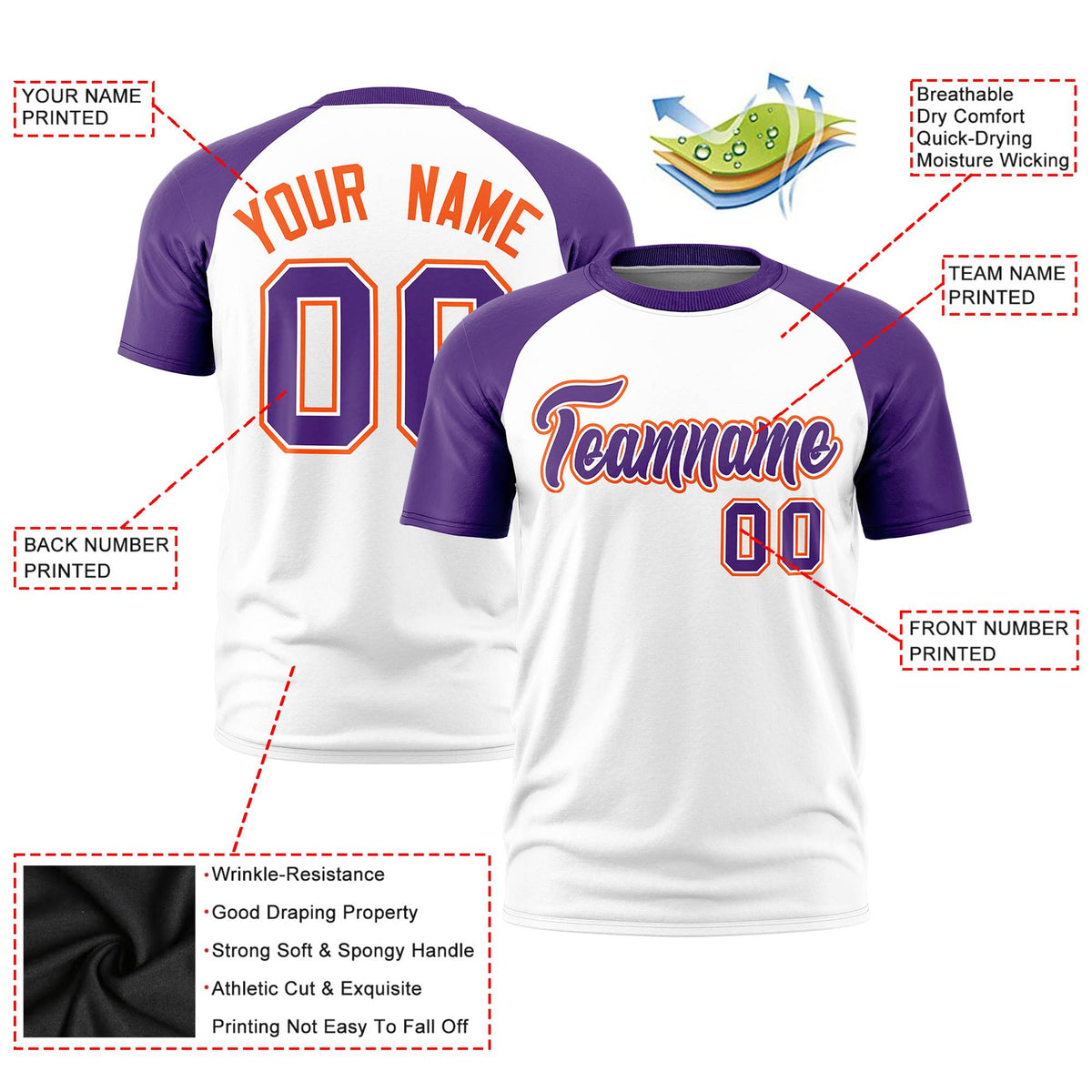Custom White Purple Raglan Sleeves Performance T-Shirt