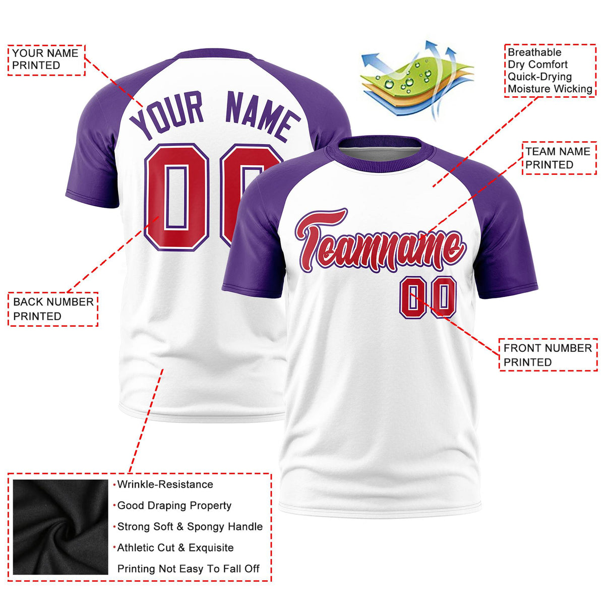 Custom White Purple Raglan Sleeves Performance T-Shirt