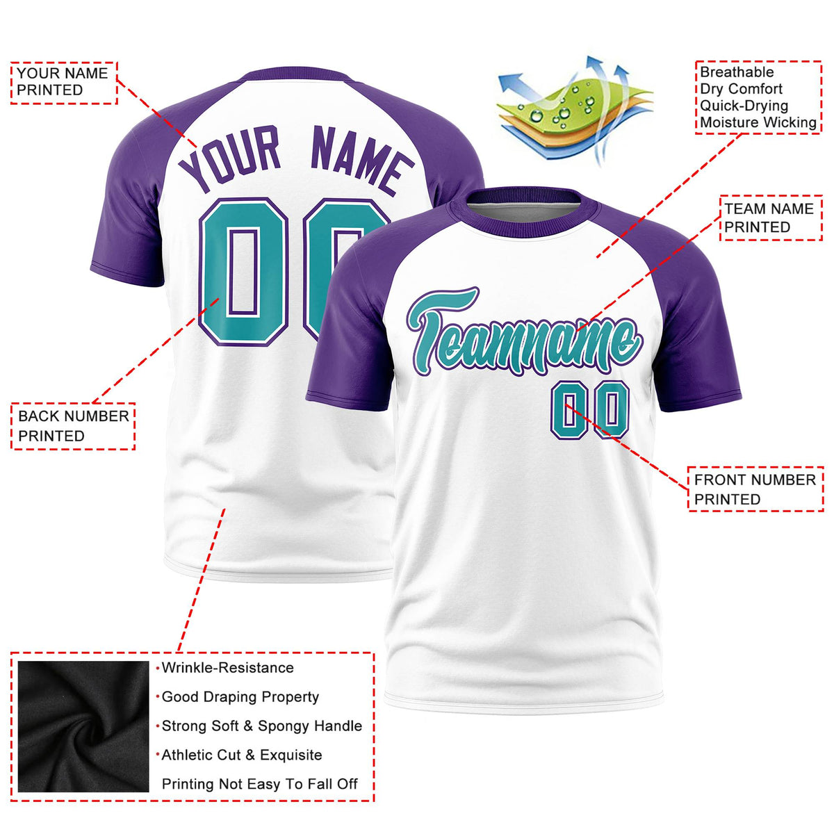 Custom White Purple Raglan Sleeves Performance T-Shirt
