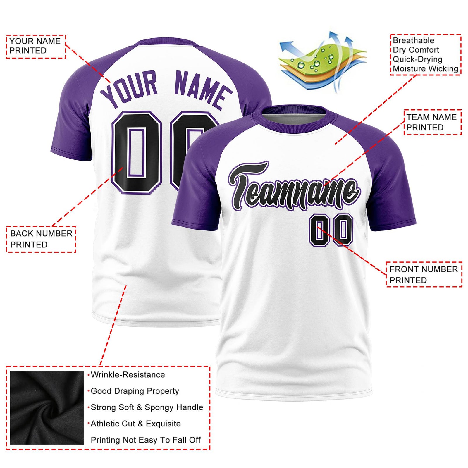 Custom White Purple Raglan Sleeves Performance T-Shirt