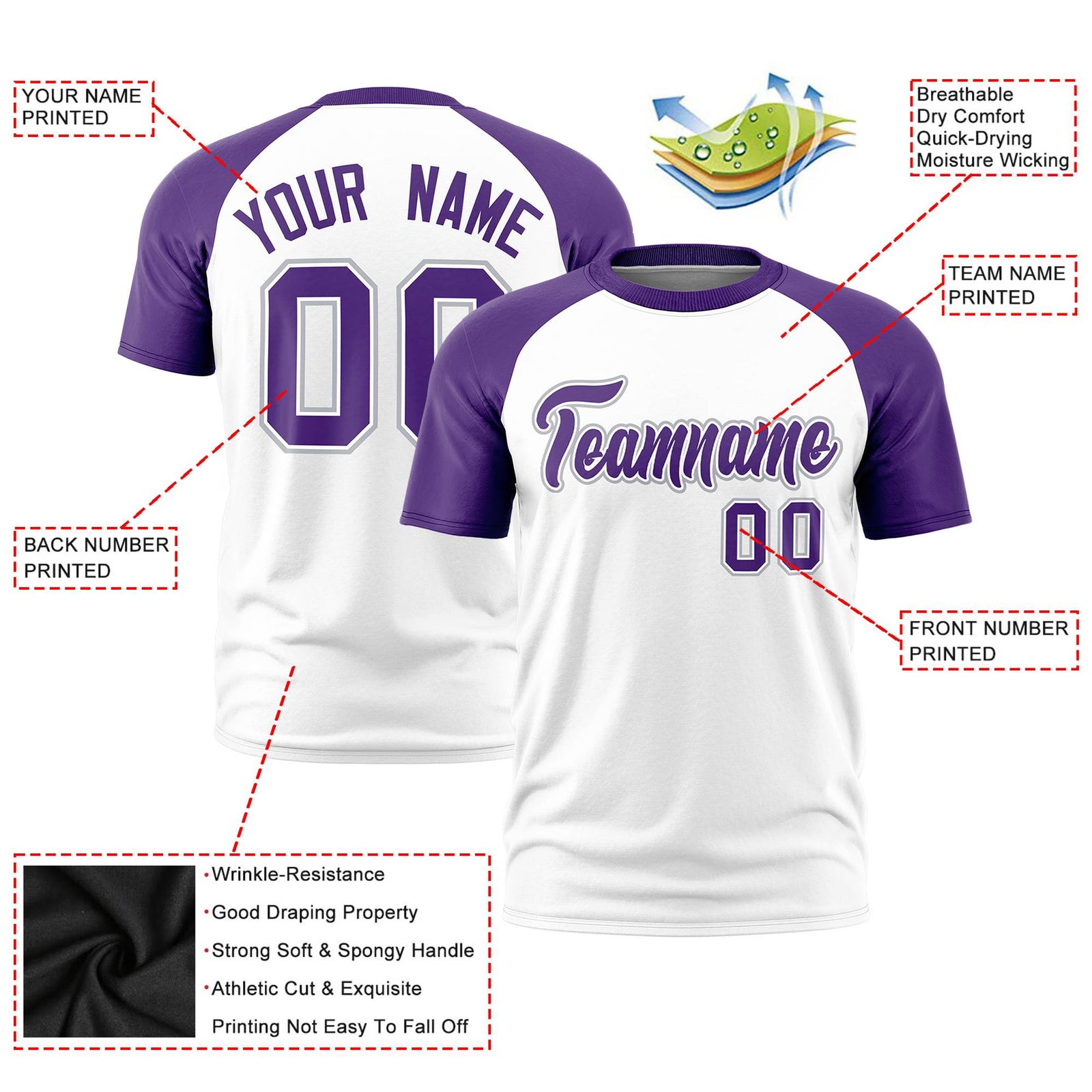 Custom White Purple Raglan Sleeves Performance T-Shirt