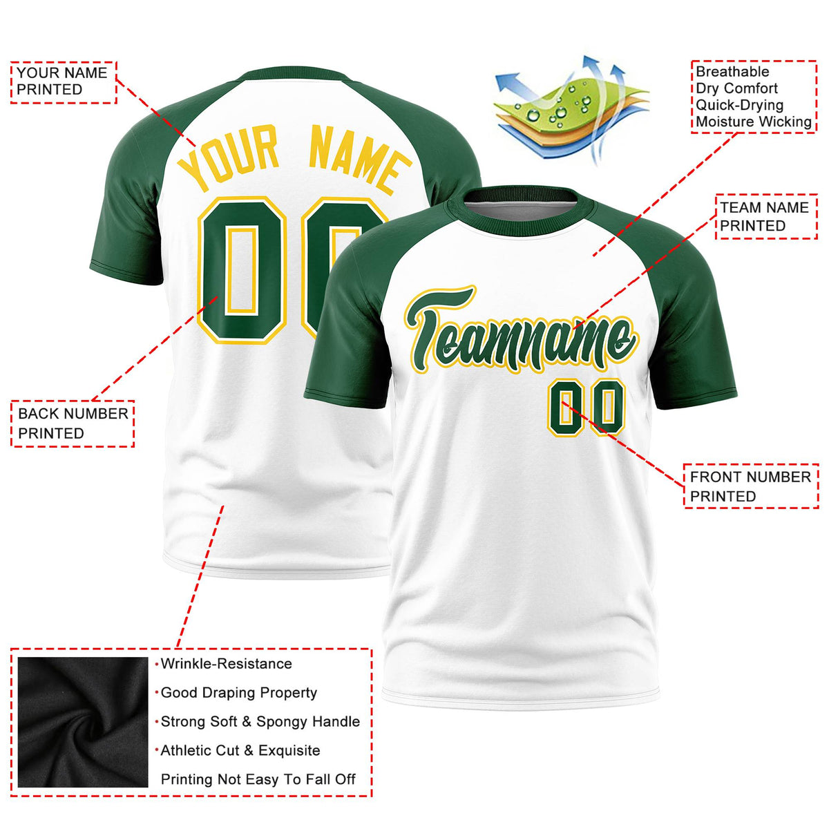 Custom White Green Raglan Sleeves Performance T-Shirt