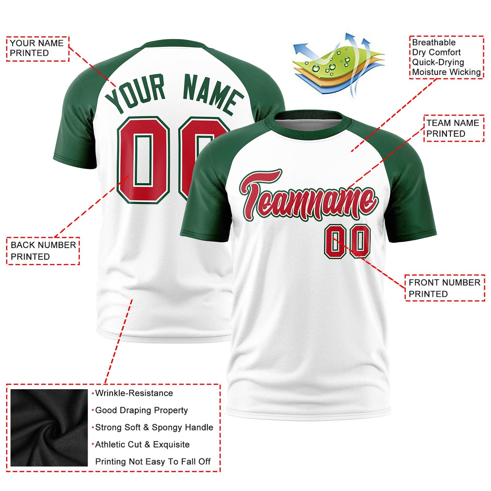 Custom White Green Raglan Sleeves Performance T-Shirt