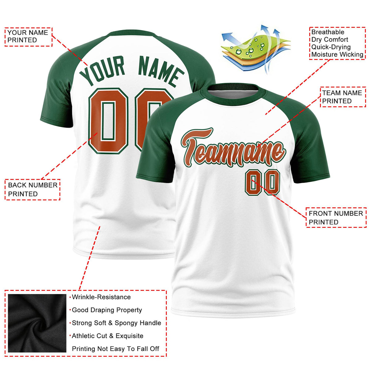 Custom White Green Raglan Sleeves Performance T-Shirt