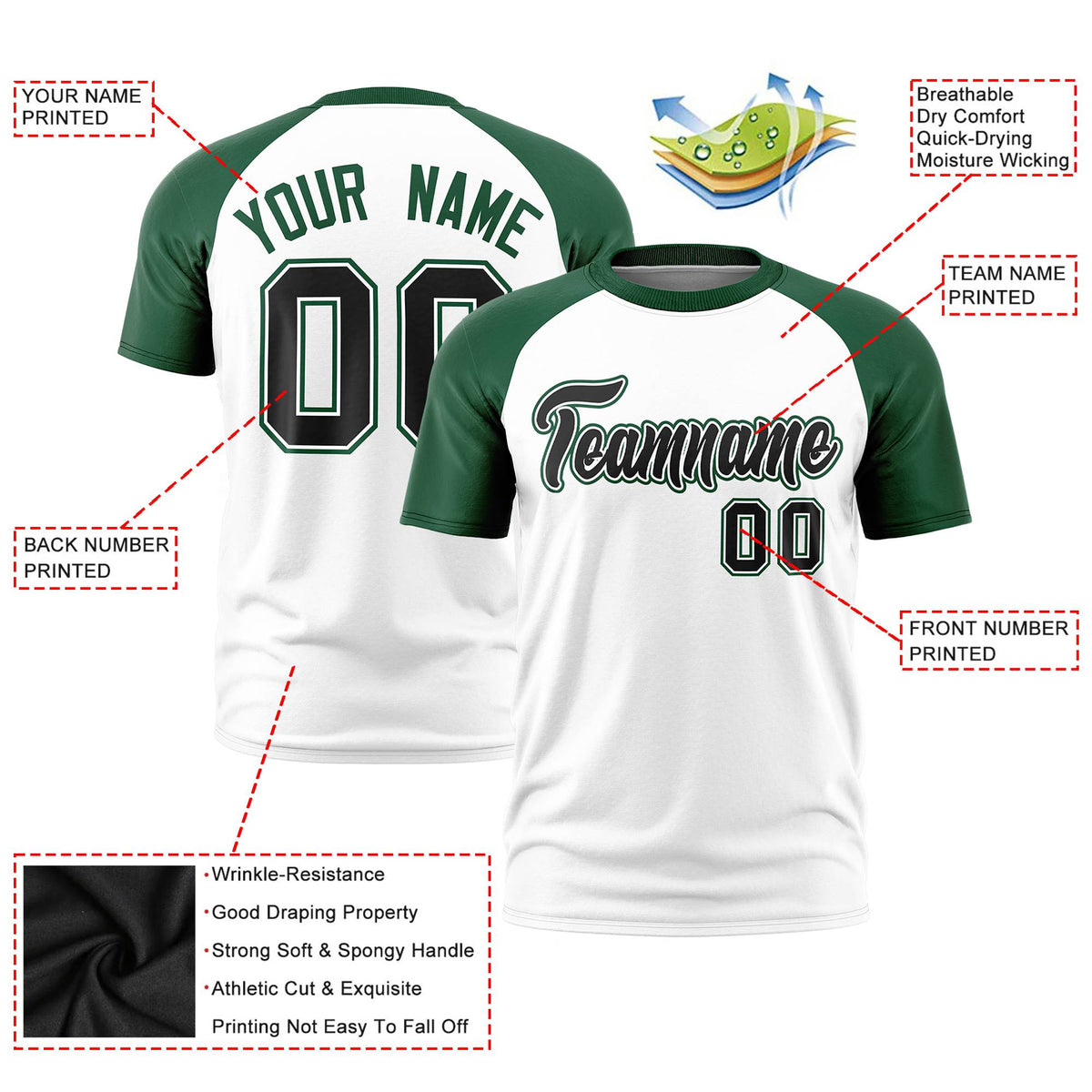 Custom White Green Raglan Sleeves Performance T-Shirt