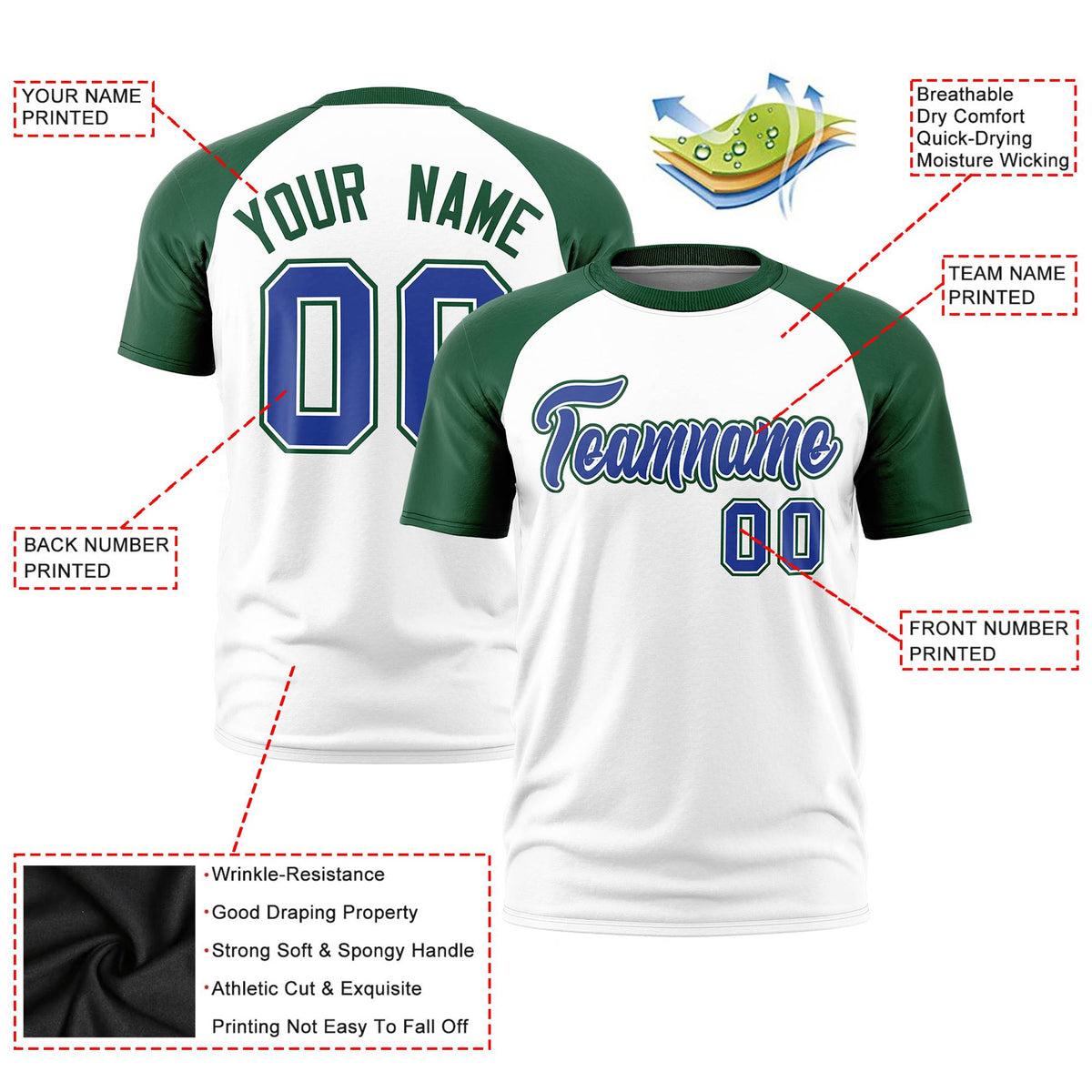 Custom White Green Raglan Sleeves Performance T-Shirt