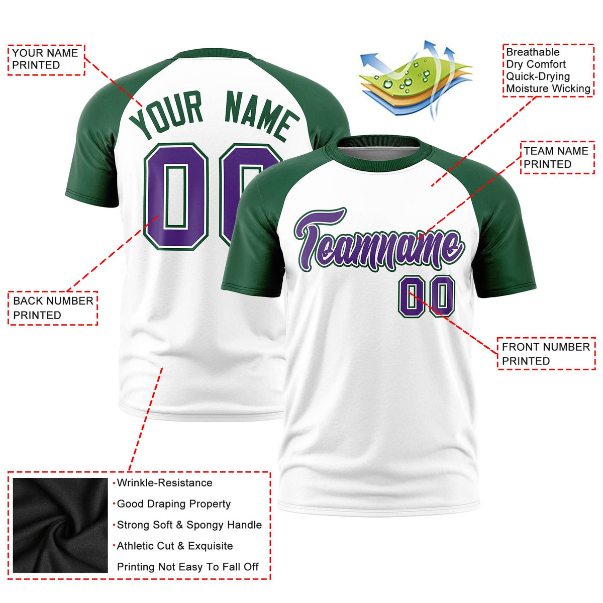 Custom White Green Raglan Sleeves Performance T-Shirt