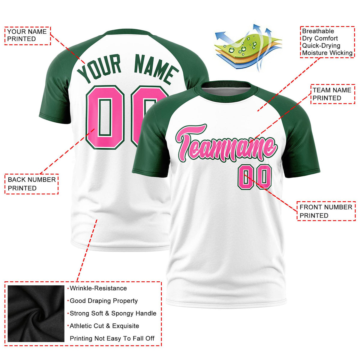 Custom White Green Raglan Sleeves Performance T-Shirt