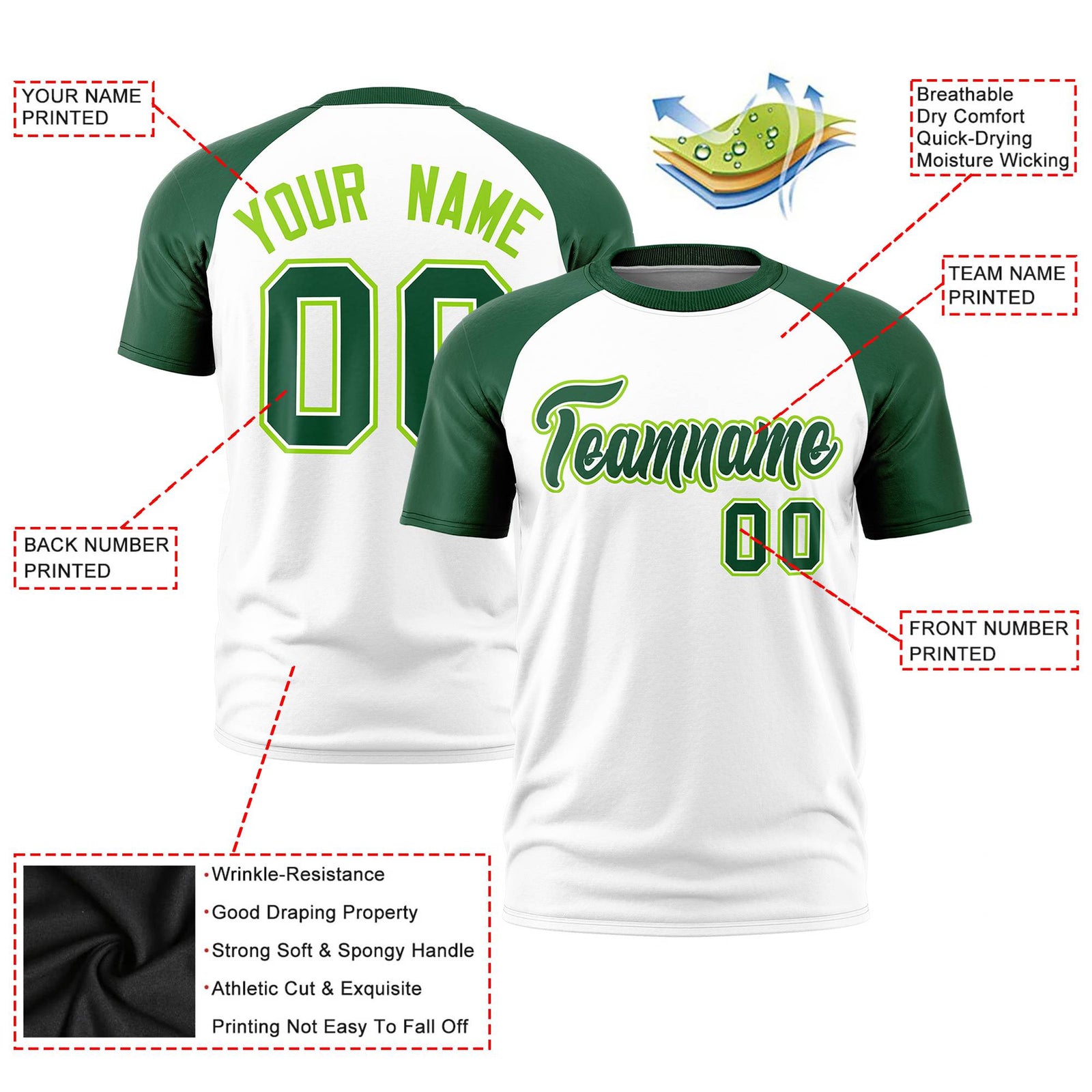 Custom White Green Raglan Sleeves Performance T-Shirt