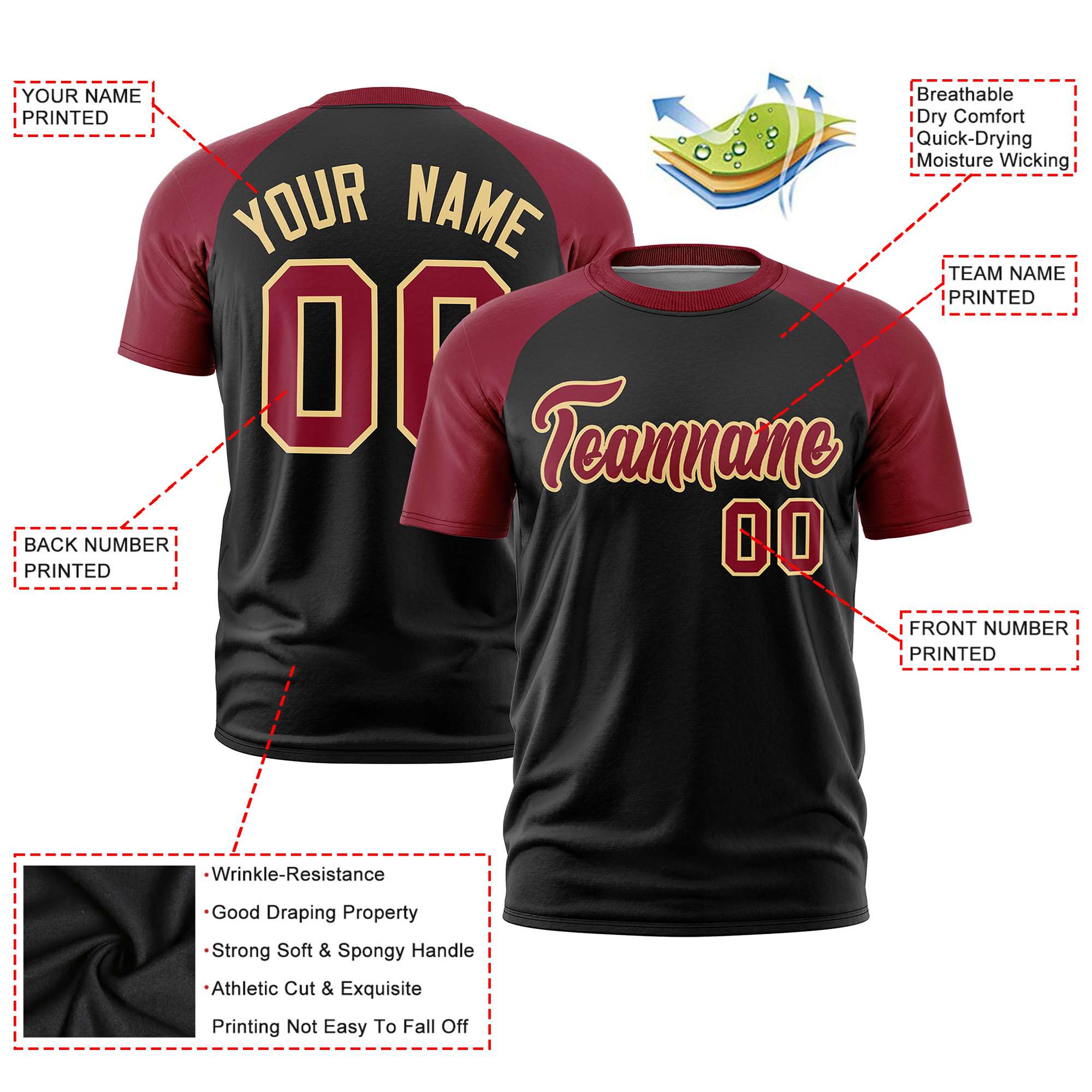 Custom Black Crimson Raglan Sleeves Performance T-Shirt