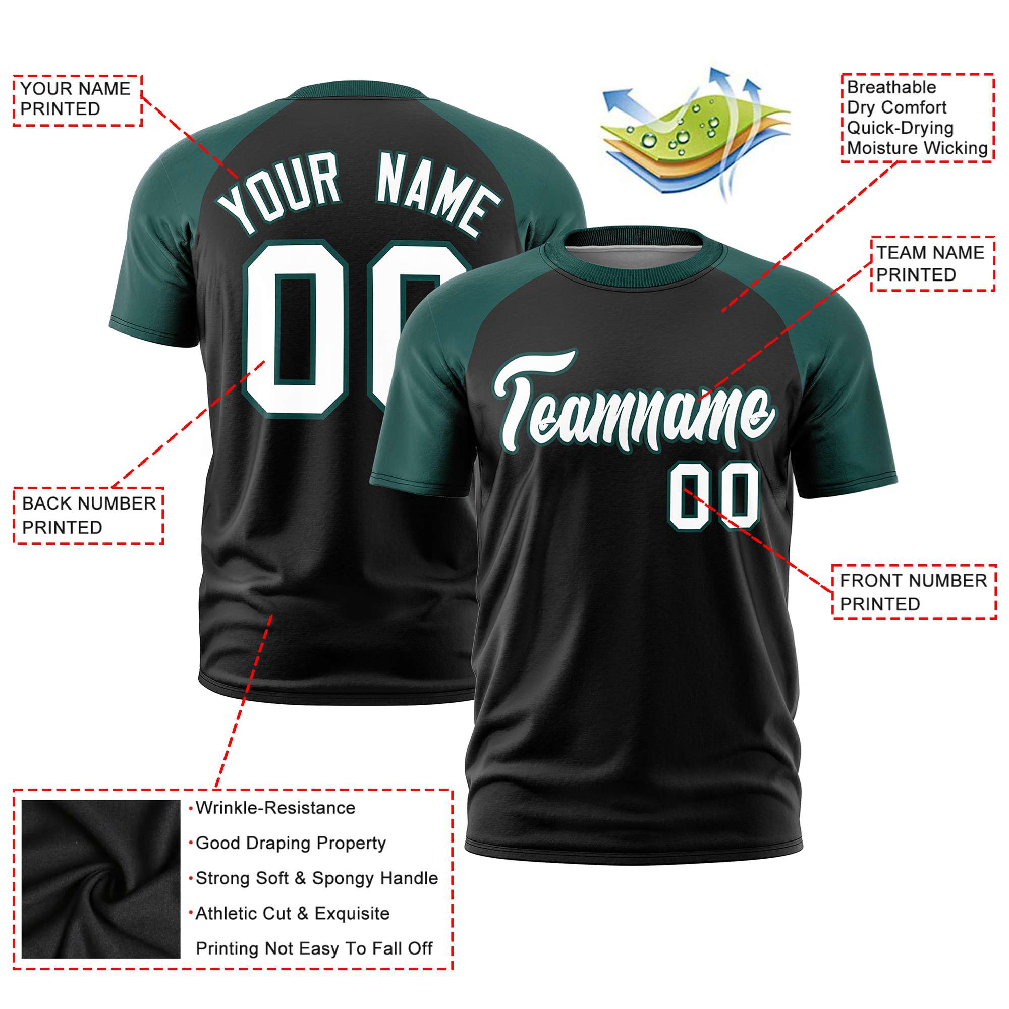 Custom Black Midnight Green Raglan Sleeves Performance T-Shirt