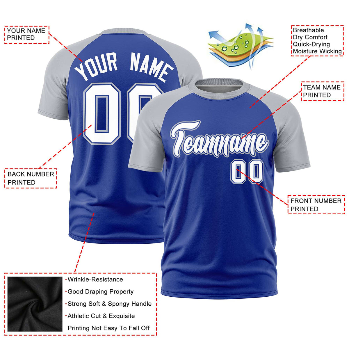 Custom Royal Blue Gray Raglan Sleeves Performance T-Shirt