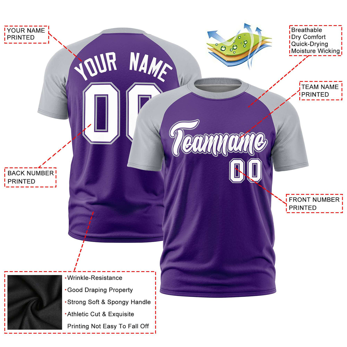 Custom Purple Gray Raglan Sleeves Performance T-Shirt