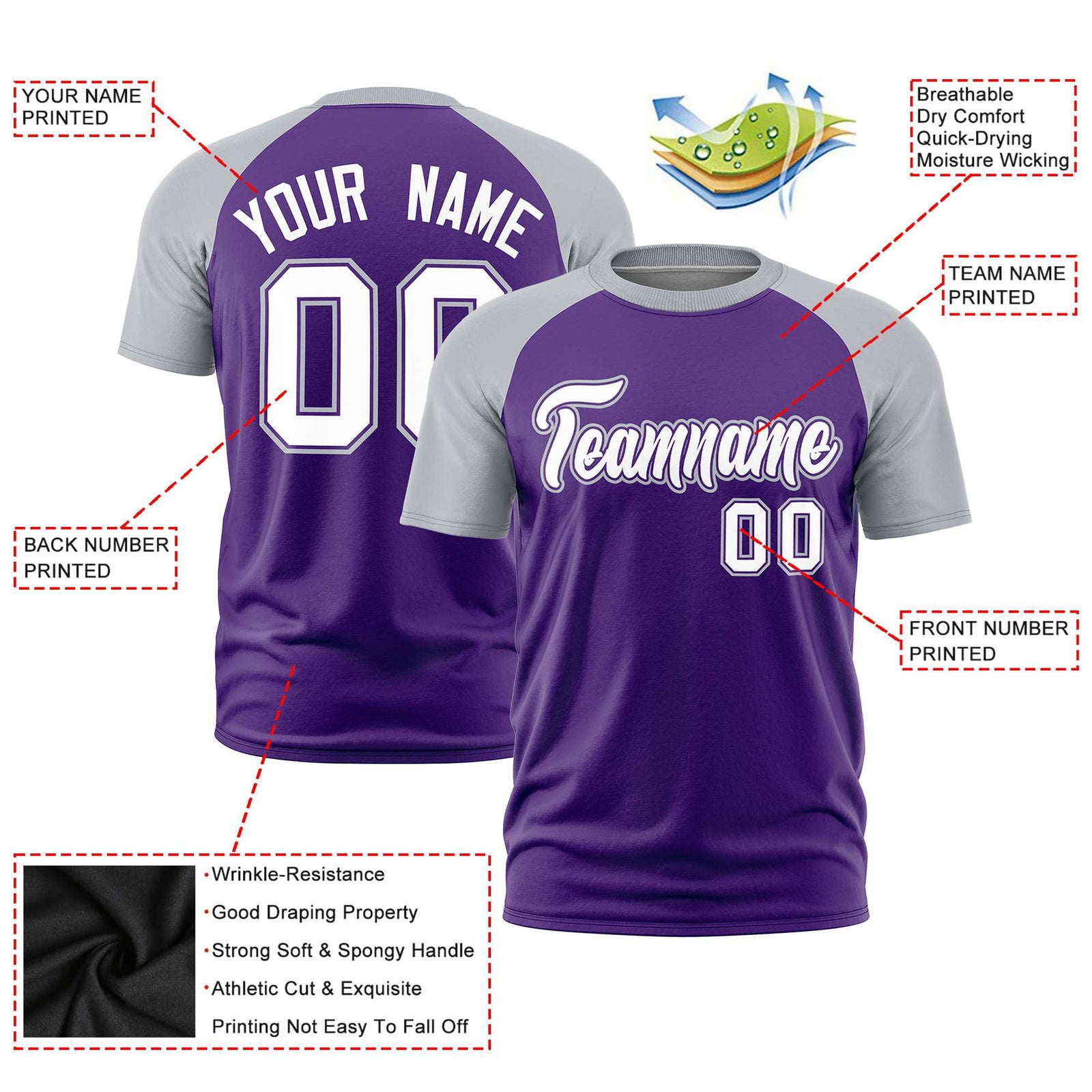 Custom Purple Gray Raglan Sleeves Performance T-Shirt