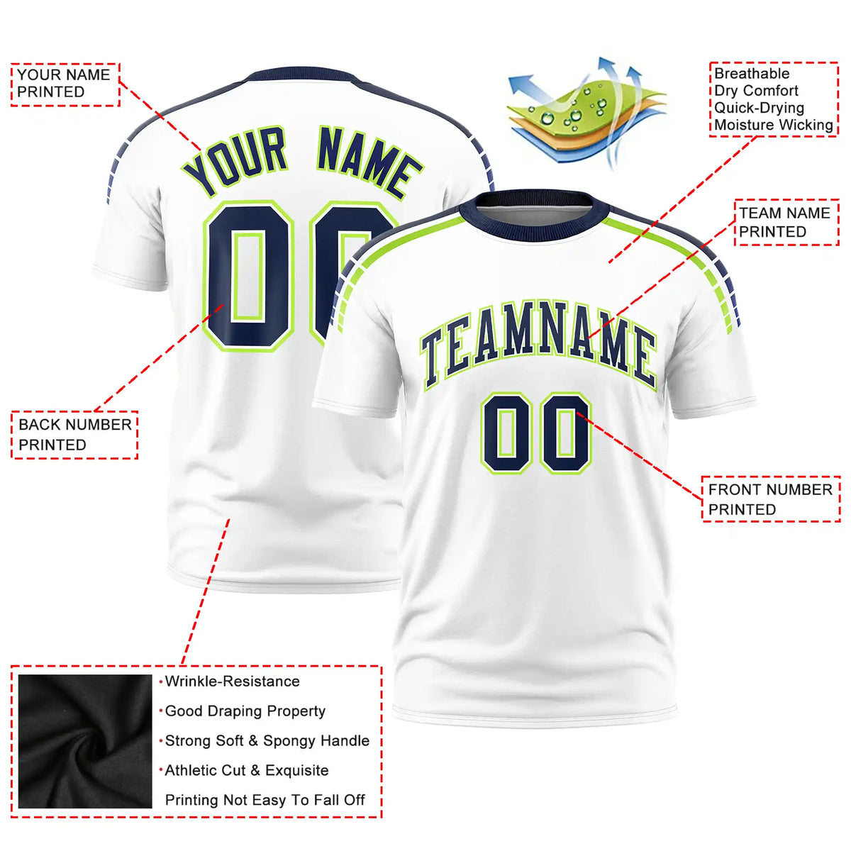 Custom White Navy-Neon Green Performance T-Shirt