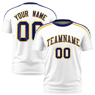 Camiseta deportiva personalizada blanca azul marino-dorada 01 - Estilo 1