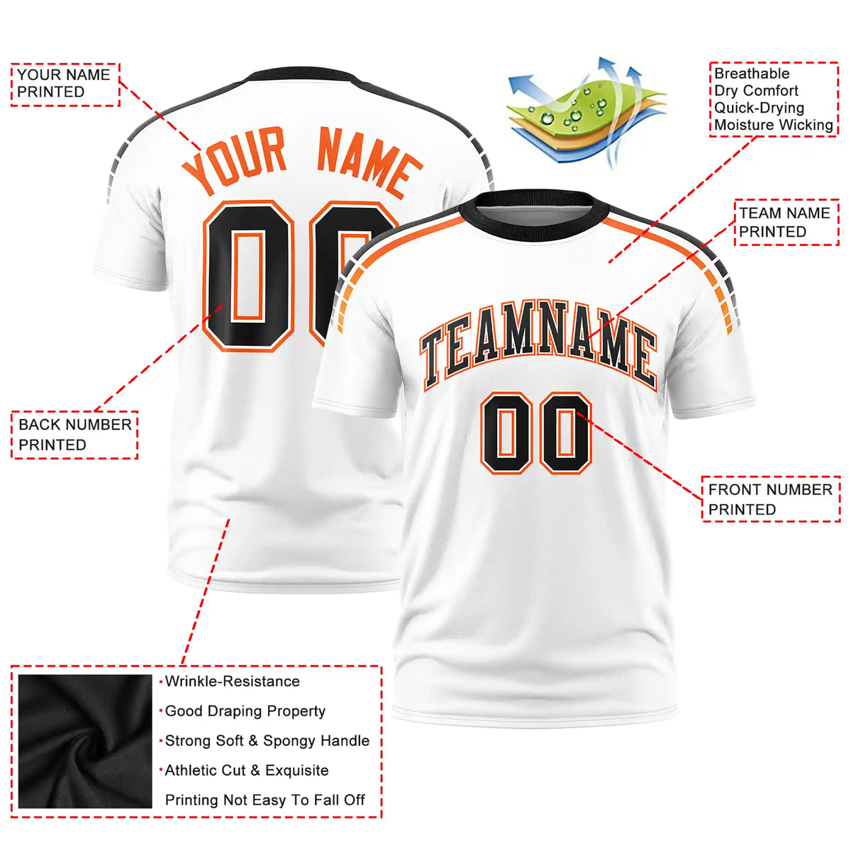 Custom White Black-Orange Performance T-Shirt