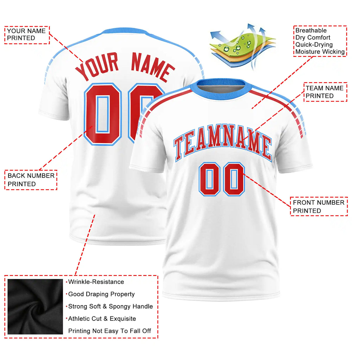 Custom White Powder Blue-Red Performance T-Shirt