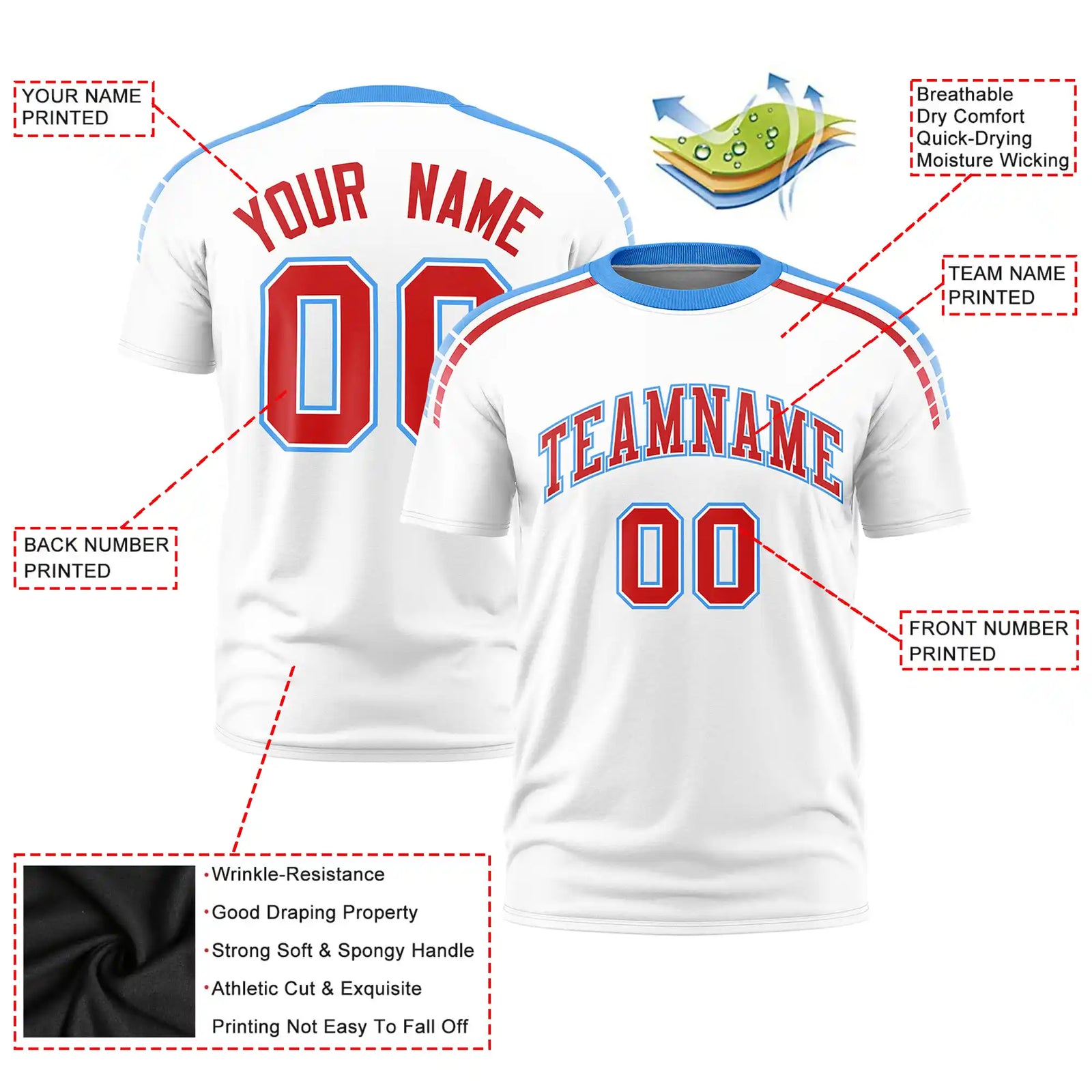 Custom White Powder Blue-Red Performance T-Shirt