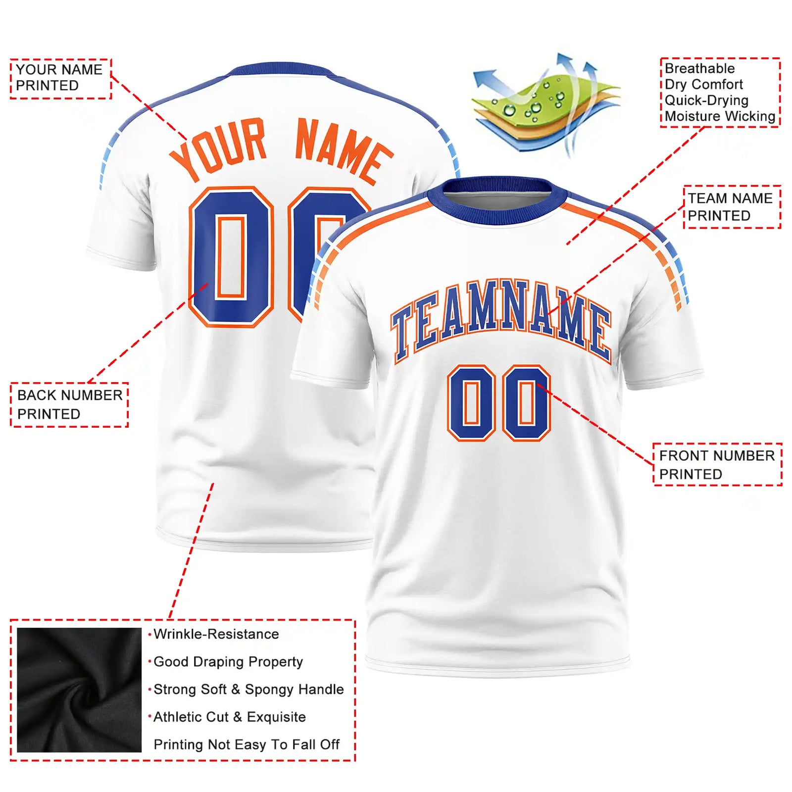 Custom White Royal Blue-Orange Performance T-Shirt