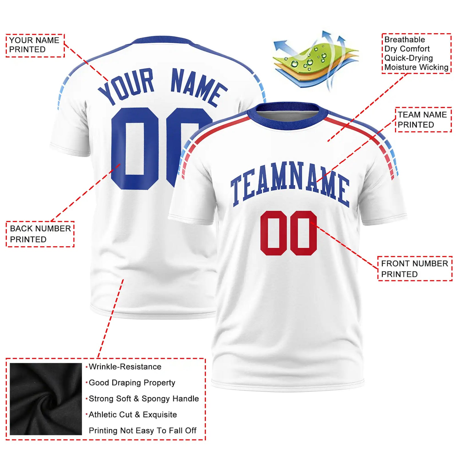 Custom White Royal Blue-Red Performance T-Shirt