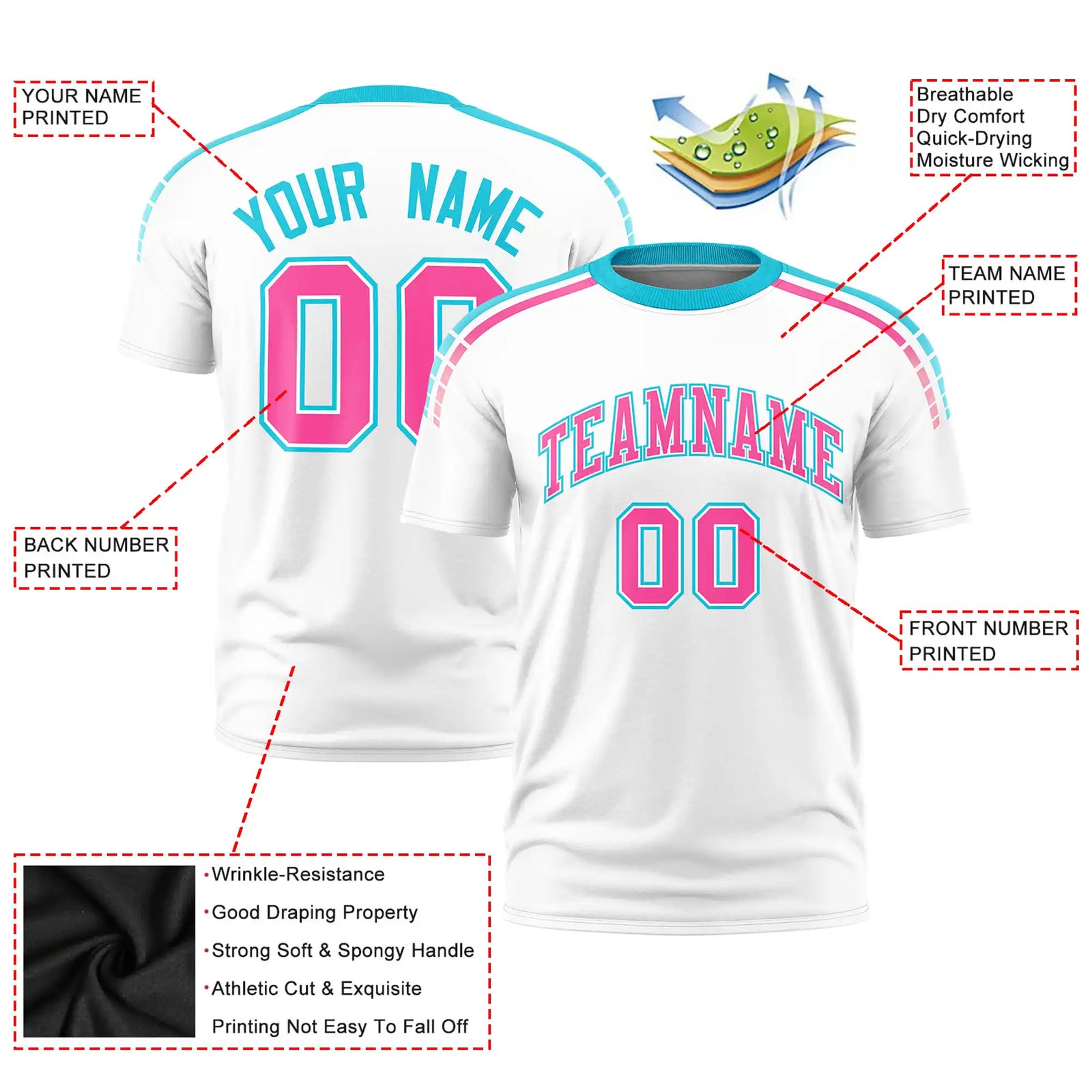 Custom White Sky Blue-Pink Performance T-Shirt