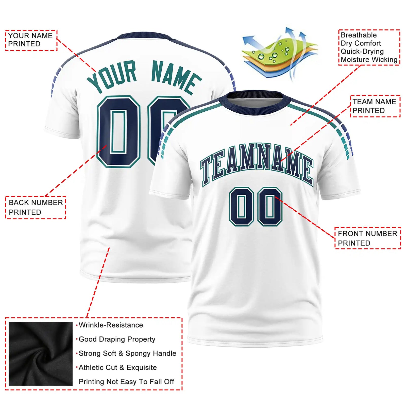 Custom White Navy-Aqua Performance T-Shirt