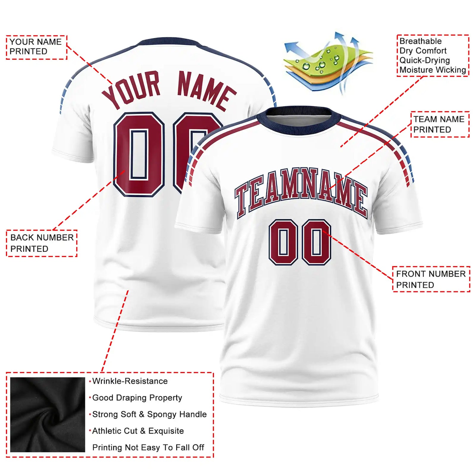 Custom White Navy-Crimson Performance T-Shirt