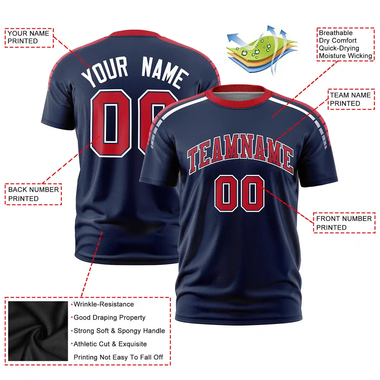 Custom Navy Red-White Performance T-Shirt