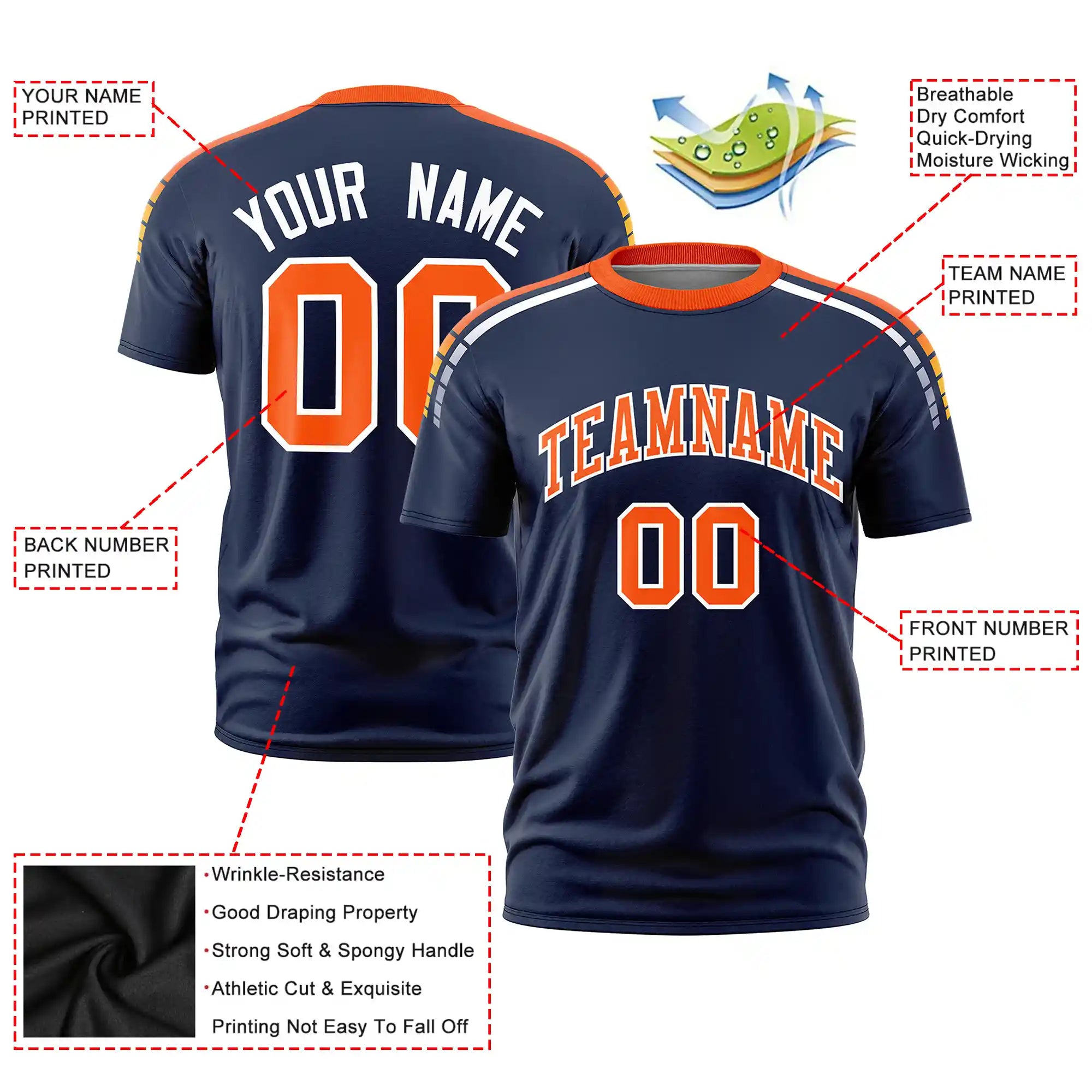 Custom Navy Orange-White Performance T-Shirt
