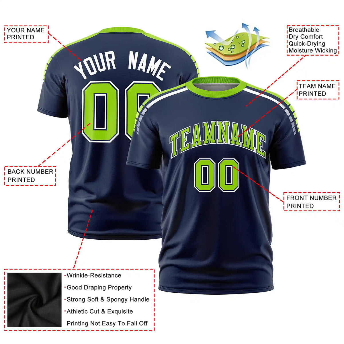 Custom Navy Neon Green-White Performance T-Shirt