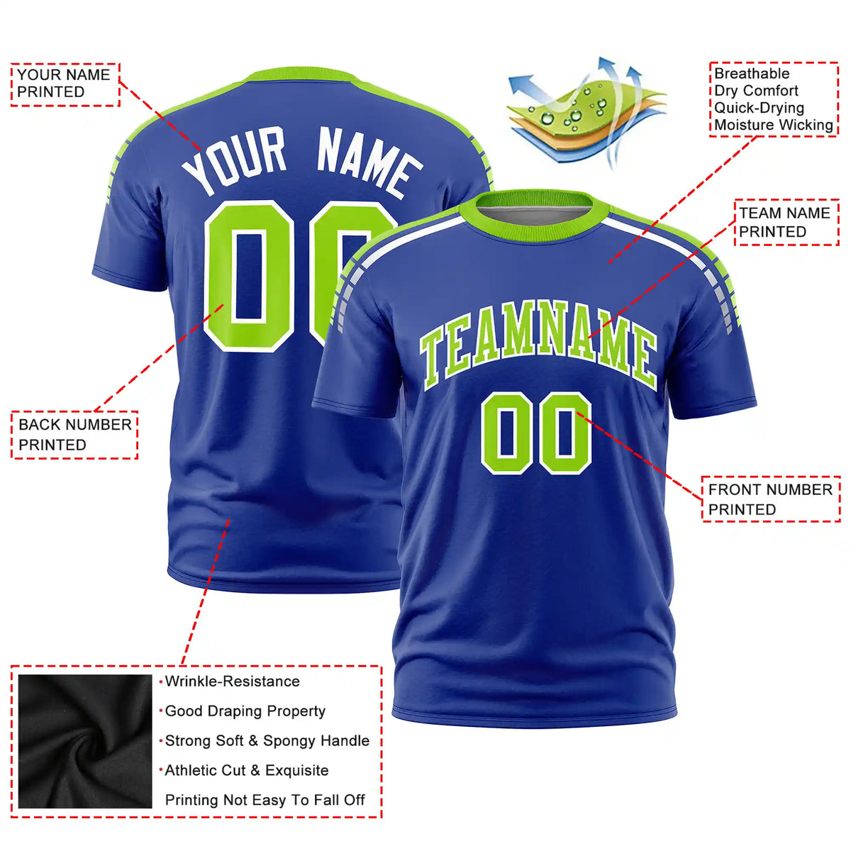Custom Royal Blue Neon Green-White Performance T-Shirt