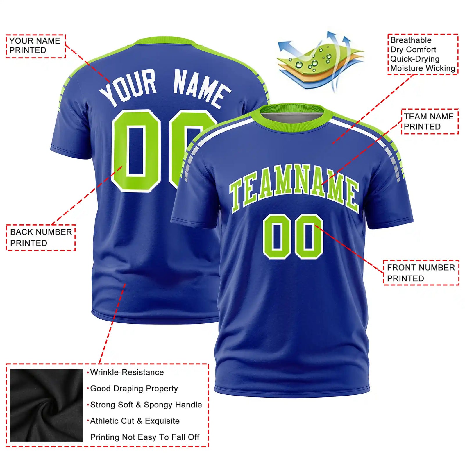 Custom Royal Blue Neon Green-White Performance T-Shirt