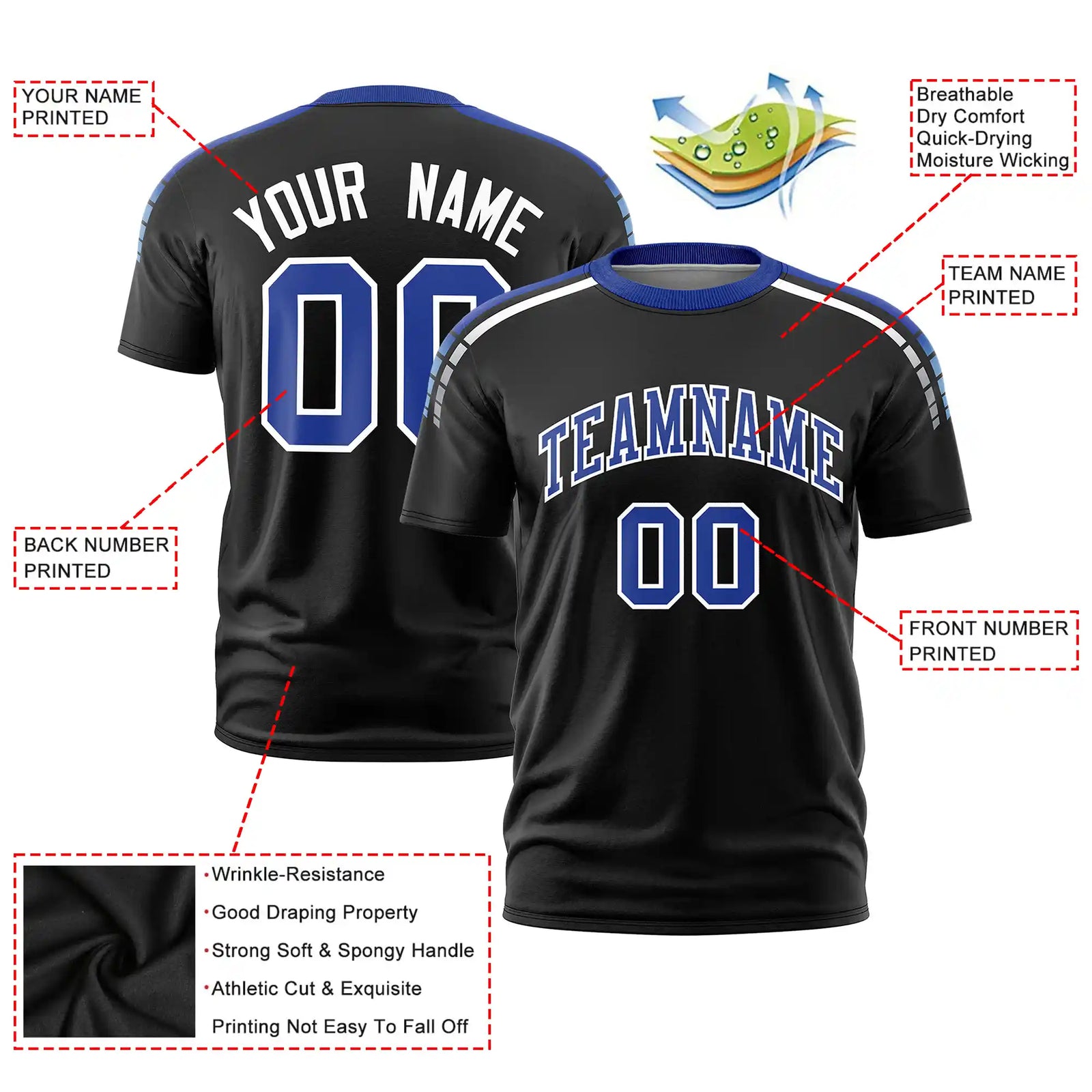 Custom Black Royal Blue-White Performance T-Shirt