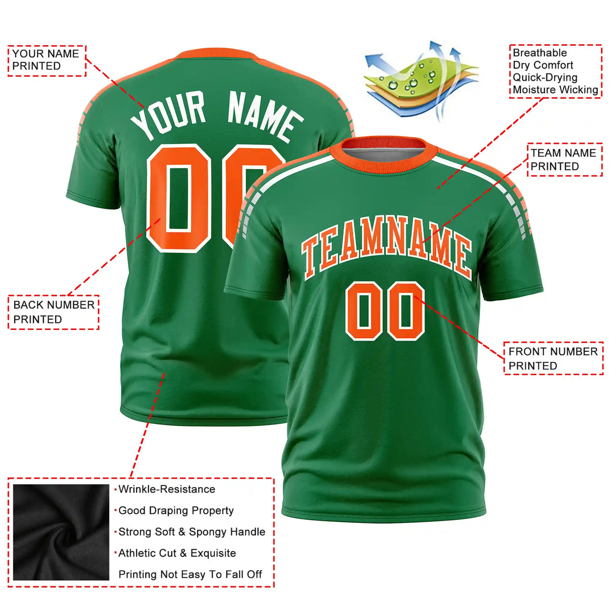 Custom Kelly Green Orange-White Performance T-Shirt