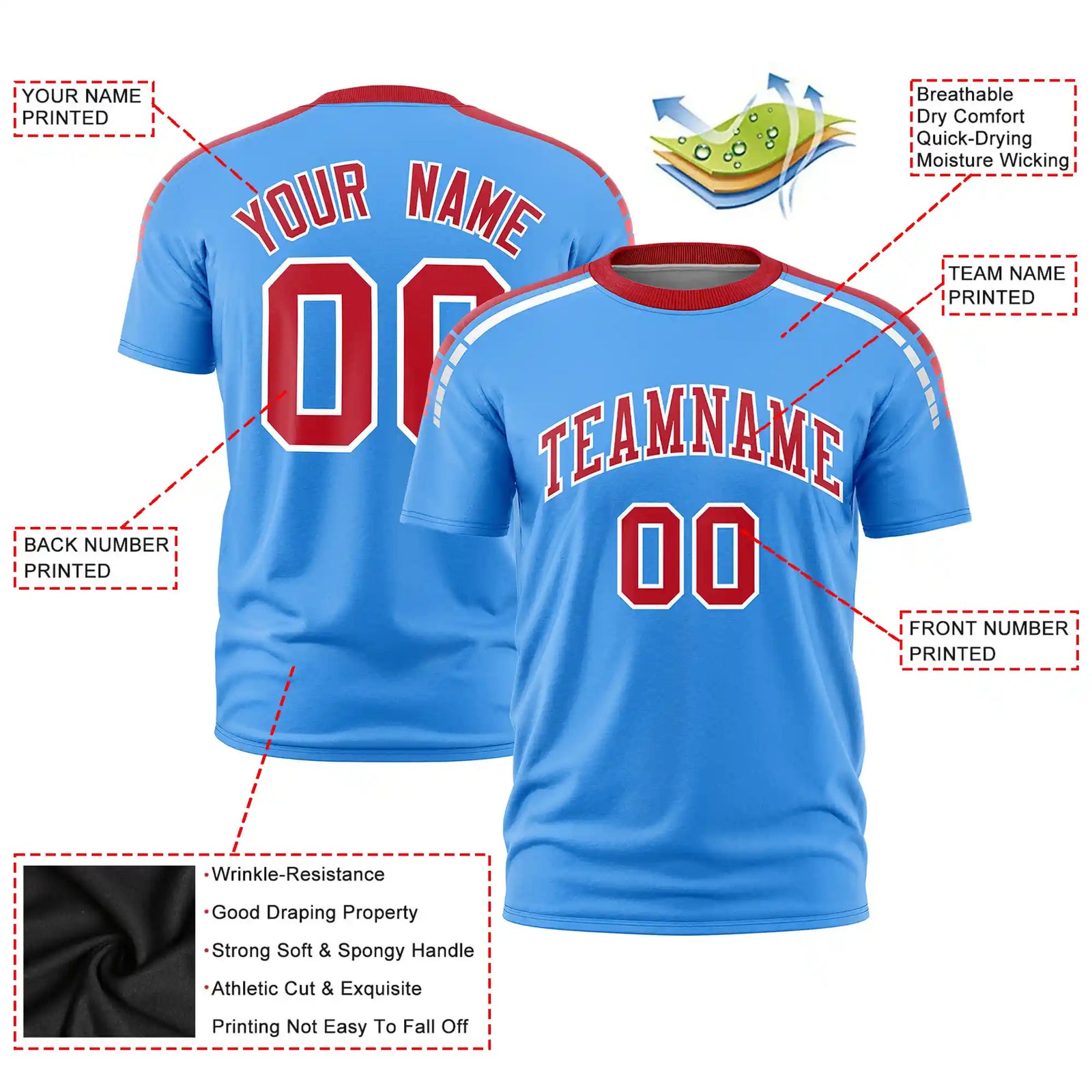 Custom Powder Blue Red-White Performance T-Shirt