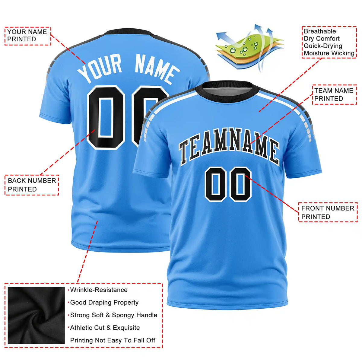 Custom Powder Blue Black-White Performance T-Shirt