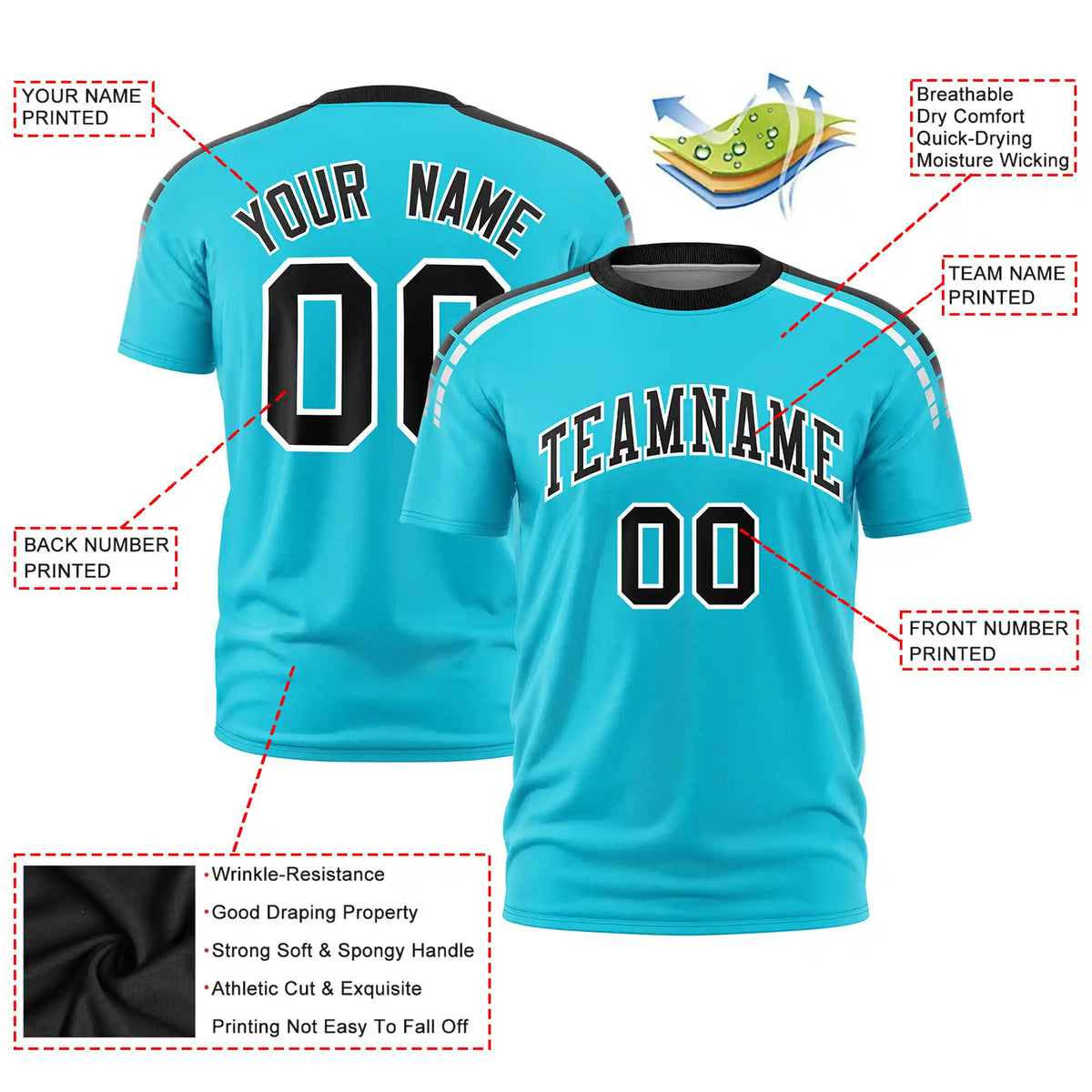 Custom Sky Blue Black-White Performance T-Shirt