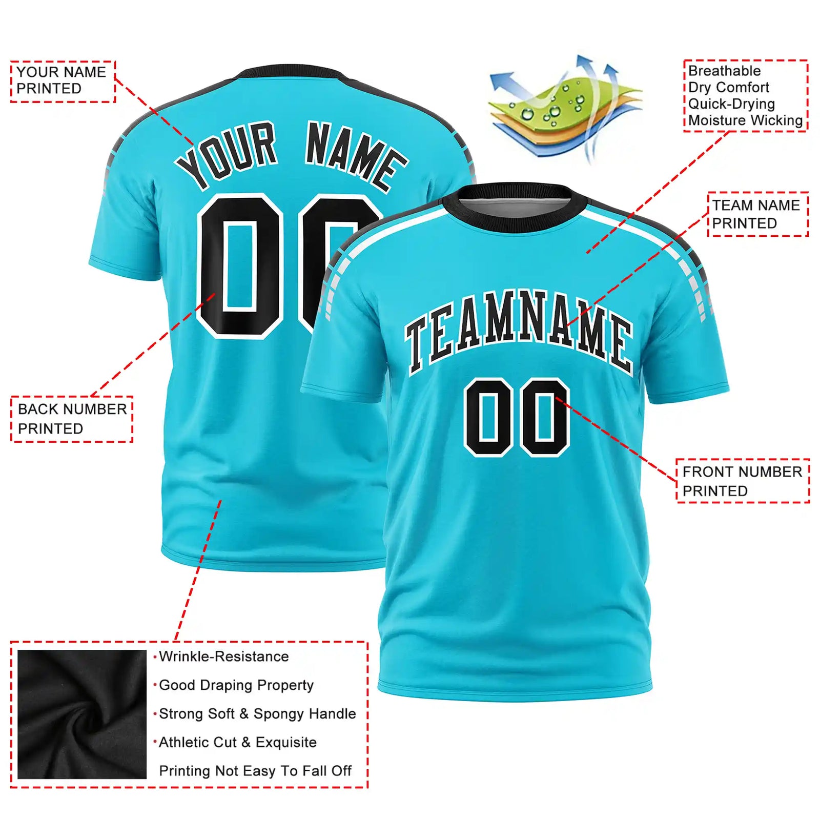 Custom Sky Blue Black-White Performance T-Shirt